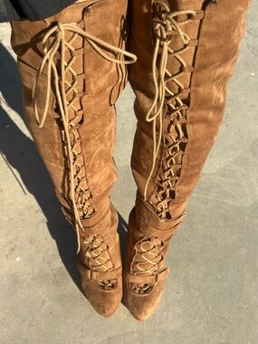 Women’s Lace-Up faux Suede Thigh-High Boots - Tan size 9